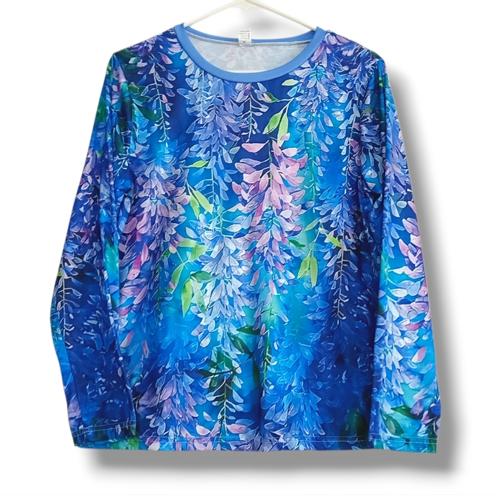 Blue Floral Long Sleeve Tshirt Ombre Plants Neon Garden Handing Flowers Colorful